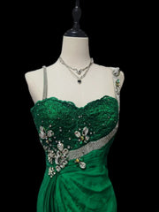 Vintage Mermaid Dark Green With Silver Beading Satin Sleeveless Long Prom Dresses High School Senior Graduation Dance Evening Outfits AS031