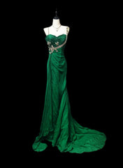 Vintage Mermaid Dark Green With Silver Beading Satin Sleeveless Long Prom Dresses High School Senior Graduation Dance Evening Outfits AS031