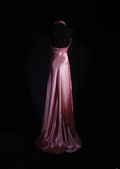Vintage 90s Prom Dresses Women A line Halter Pink Silk Satin With Beaded Formal Dance Evening Party Gowns AS035