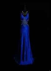Vintage 1950s Mermaid Spaghetti Strap Royal Blue Satin With Beading Long Prom Dresses High School Senior Graduation Dance Evening Outfits AS036