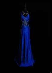 Vintage 1950s Mermaid Spaghetti Strap Royal Blue Satin With Beading Long Prom Dresses High School Senior Graduation Dance Evening Outfits AS036