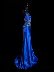 Vintage 1950s Mermaid Spaghetti Strap Royal Blue Satin With Beading Long Prom Dresses High School Senior Graduation Dance Evening Outfits AS036