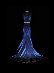 Vintage 1950s Mermaid Halter Royal Blue Taffeta With Silver Beading Long Prom Dresses High School Senior Graduation Dance Evening Outfits AS038
