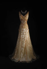 Vintage Prom Dresses 90s Formal Mermaid V Neck Tulle Gold With Beadings Long Party Gowns Prom Dresses AS044