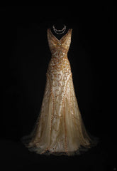 Vintage Prom Dresses 90s Formal Mermaid V Neck Tulle Gold With Beadings Long Party Gowns Prom Dresses AS044