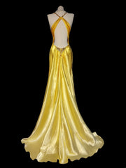 Classic Mermaid Spaghetti Strap Yellow Open Backs Satin Sleeveless Long Prom Dresses High School Senior Graduation Dance Evening Outfits AS052