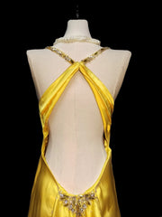 Classic Mermaid Spaghetti Strap Yellow Open Backs Satin Sleeveless Long Prom Dresses High School Senior Graduation Dance Evening Outfits AS052