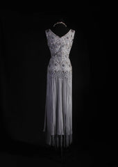 Vintage Sheath V Neck Lace Silver Gray Tassel Long Party Dress With Beads 1950s Retro Classy Birthday Dinner Prom Dress AS058