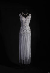 Vintage Sheath V Neck Lace Silver Gray Tassel Long Party Dress With Beads 1950s Retro Classy Birthday Dinner Prom Dress AS058