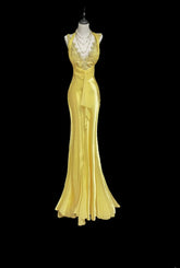 Classic Mermaid V Neck Yellow Lace Backless Ruffles Long Prom Dresses High School Senior Graduation Dance Evening Outfits AS066