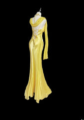 Classic Mermaid V Neck Yellow Lace Backless Ruffles Long Prom Dresses High School Senior Graduation Dance Evening Outfits AS066