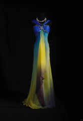 Vintage A Line Halter Blue Yellow Chiffon Multi Colors Party Dress With Beads 1950s Retro Classy Birthday Dinner Long Prom Dresses AS070