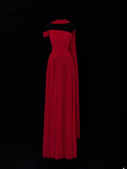 Classy A Line 1950s Formal One Shoulder Red Chiffon Pleated Style Impress Long Prom Dresses Party Gowns SA071