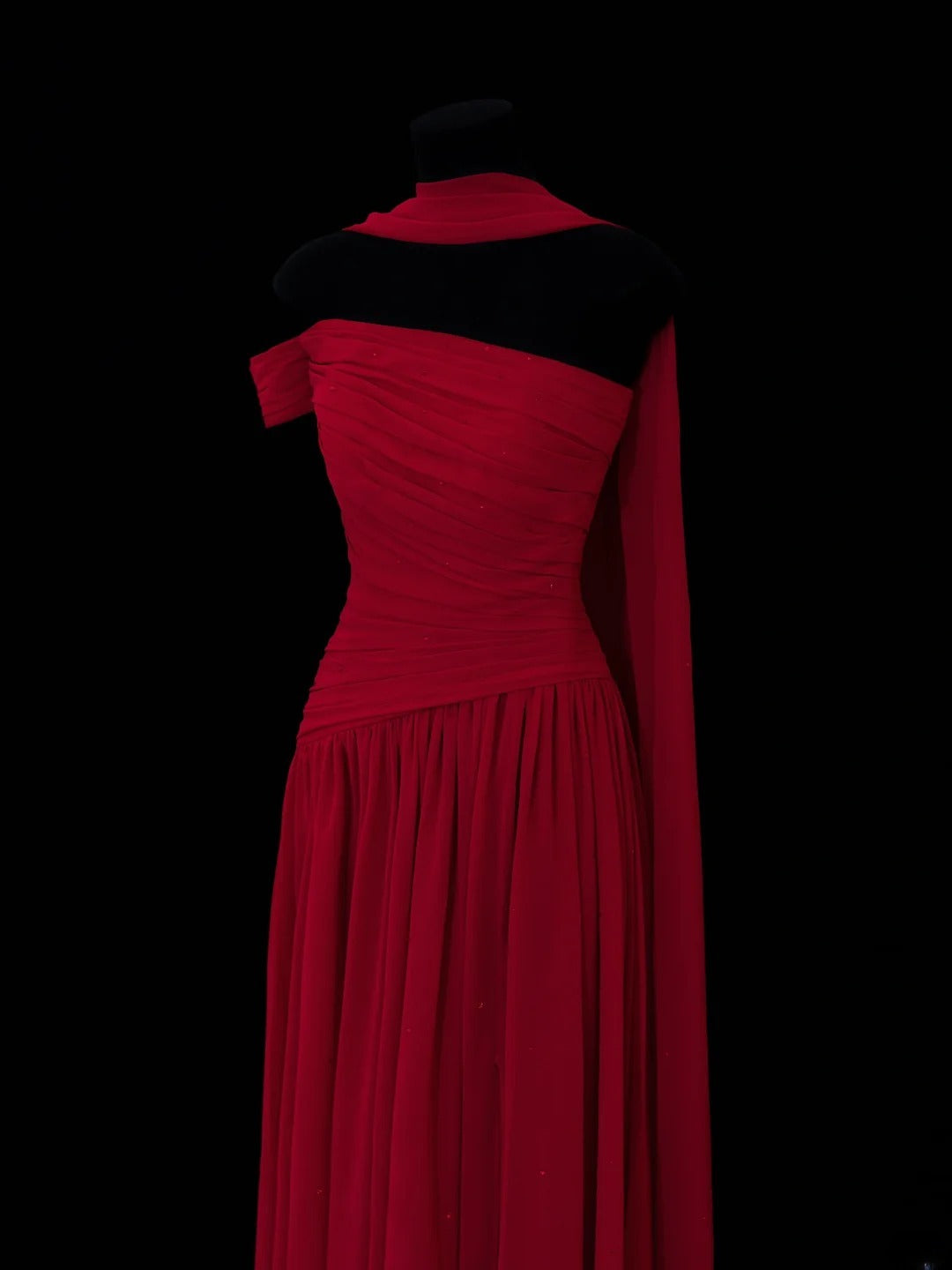 Classy A Line 1950s Formal One Shoulder Red Chiffon Pleated Style Impress Long Prom Dresses Party Gowns SA071