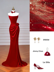 Cheap Mermaid Red Strapless With Pleated Sleeveless Long Formal Fancy Prom Evening Dress Dinner Outfits Party Gowns For Teens AQ074