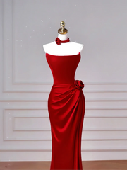 Cheap Mermaid Red Strapless With Pleated Sleeveless Long Formal Fancy Prom Evening Dress Dinner Outfits Party Gowns For Teens AQ074