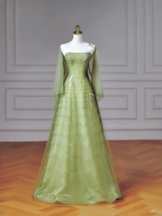 Fairy-tale Ball Gown Strapless Green Tulle With Cape Long Formal Fancy Beaded Prom Evening Dress Dinner Outfits Party Gowns AQ081