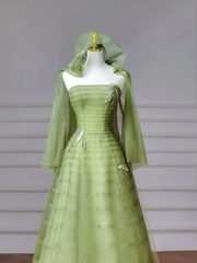 Fairy-tale Ball Gown Strapless Green Tulle With Cape Long Formal Fancy Beaded Prom Evening Dress Dinner Outfits Party Gowns AQ081