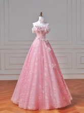 Fairy-tale Ball Gown Strapless Pink Tulle With Flowers Long Formal Fancy Beaded Prom Evening Dress Dinner Outfits Party Gowns AQ085