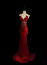 Vintage Mermaid Spaghetti Strap Burgundy With Beading Sleeveless Long Prom Dresses High School Senior Graduation Dance Evening Outfits AS086