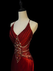 Vintage Mermaid Spaghetti Strap Burgundy With Beading Sleeveless Long Prom Dresses High School Senior Graduation Dance Evening Outfits AS086