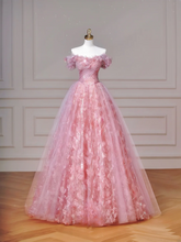 Elegant Ball Gown Off The Shoulder Pink Tulle Long Formal Fancy Prom Evening Dress Dinner Outfits Party Gowns AQ089
