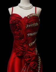 Classic Mermaid Spaghetti Strap Red Chiffon Sleeveless With Beads Long Prom Dresses High School Senior Graduation Dance Evening Outfits AS089