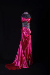 Vintage Mermaid High Neck Hot Pink Satin Party Dress With Beads 1950s Retro Classy Birthday Dinner Long Prom Dresses AS089