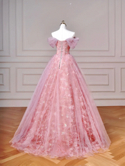 Elegant Ball Gown Off The Shoulder Pink Tulle Long Formal Fancy Prom Evening Dress Dinner Outfits Party Gowns AQ089
