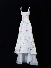 Classy High Low Square Neck Formal Floral Satin White Style Impress Long Prom Dresses Party Gowns SA091