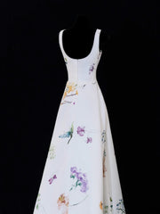 Classy High Low Square Neck Formal Floral Satin White Style Impress Long Prom Dresses Party Gowns SA091