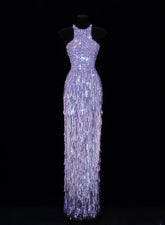 Classy Formal Sheath Scoop Neck Lilac Sequins With Tassel Style Impress Long Prom Dresses Party Gowns SA113