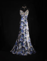 Vintage 50s 1950s Formal Mermaid Halter Blue Floral Pleated With Beads Sleeveless Long Prom Dresses Party Formal Gowns AS118
