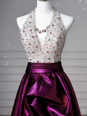 Glamour Ball Gown Halter Purple Satin Long Prom Dresses Party Dress 20th Birthday Outfits Prom Gowns AQ126