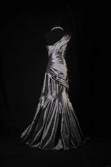 Vintage 50s 1950s Formal Mermaid One Shoulder Grey Tiered Taffeta Pleated With Beads Sleeveless Long Prom Dresses Party Formal Gowns AS137