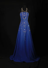 Retro 70s 1960s Formal A Line Strapless Royal Blue With Gem Beads Chiffon Sleeveless Long Prom Dresses Party Formal Gowns AS142