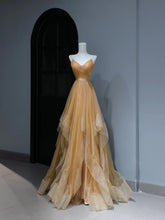 Modest Prom Dresses Aesthetic A Line Spaghetti Straps Gold Tulle Inspiration Style Impress With Pleated Long Party Formal Gown AS371