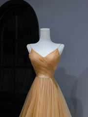 Modest Prom Dresses Aesthetic A Line Spaghetti Straps Gold Tulle Inspiration Style Impress With Pleated Long Party Formal Gown AS371