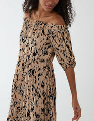 Bardot Midi Dress With Pleated Hem