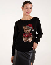 Christmas Sequin Teddy Bear With Santa Hat Jumper