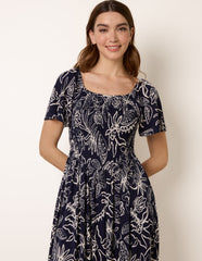 Shirred Drop Waist Midi Dress