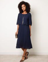 Pleated Short Sleeve Dress with Necklace