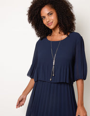 Pleated Short Sleeve Dress with Necklace