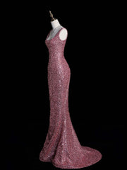 Modest Sheath Strapless Pink Sequins Long Formal Prom Evening Dress Dinner Outfits Party Gowns For Teens Girls AB2111