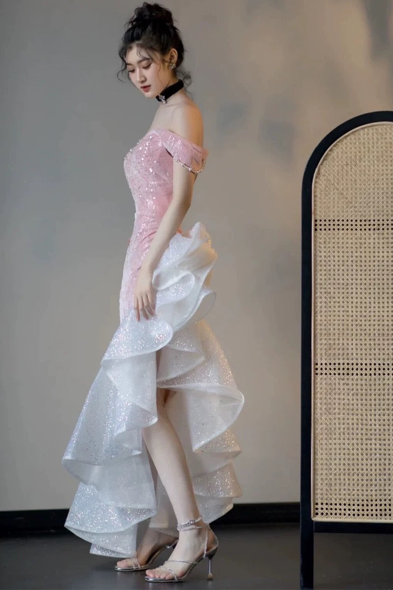 Elegant Mermaid Off The Shoulder Pink With Short Sleeves Formal Dress Sequin Birthday Prom Dresses N2816