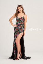 Ellie Wilde EW35069 Fitted Long Formal Floral Beaded Prom Gown