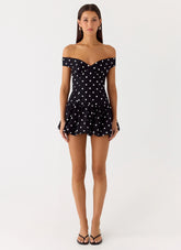 Endless Romance Off Shoulder Mini Dress - Black Polkadot
