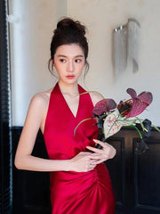 Evening Dresses Women Sheath Halter Red Satin Long Prom Gown Party Wear Fashion Dresses N1806