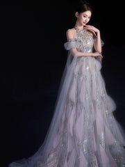 Sexy Evening Dresses Women A Line High Neck Lilac Sequins With Sleeves Long Prom Gown Party Wear Fashion Dresses N1810