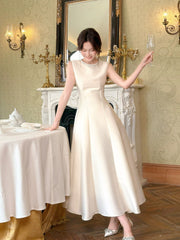 Modest French Style A Line Scoop White Satin Fashion Women Long Formal Outfits Prom Dresses N2068